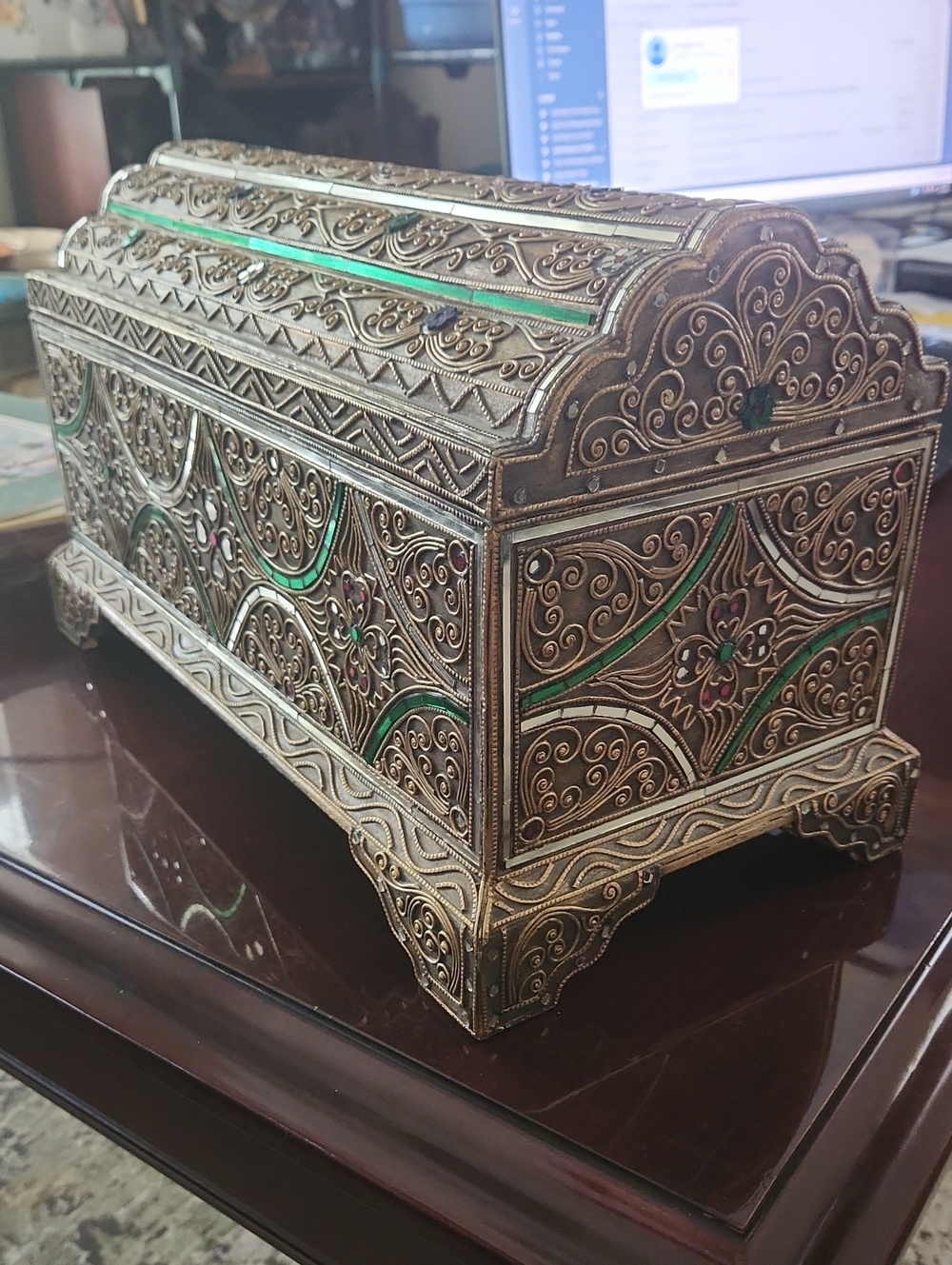 Ornate Wood Jewelry Box with Green Accents